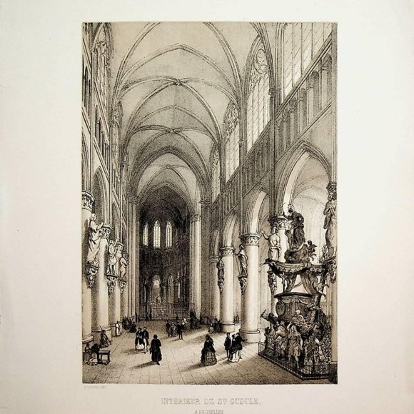Antique Lithograph 'Interieur De St Gudule' - Picture 12 of 12